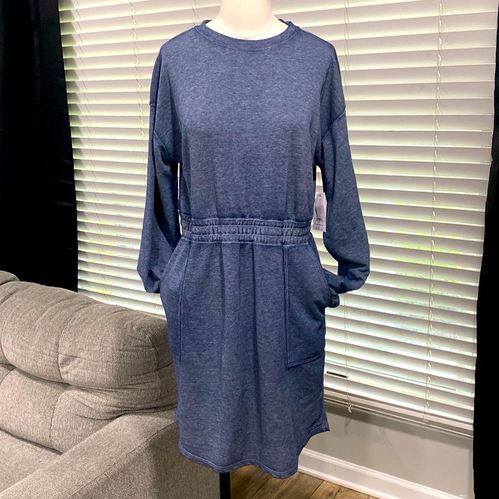 NWT TIME & TRU Blue Marled Elastic Waist Dress w/ Pockets